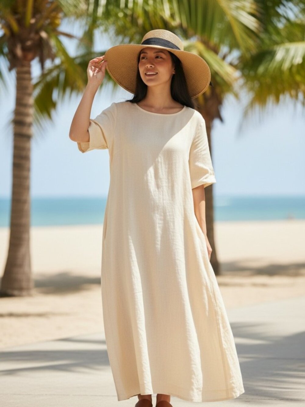 Furtalk Woven Straw Wide-brim Sun Hat with Black Ribbon Band, L/XL Adjustable